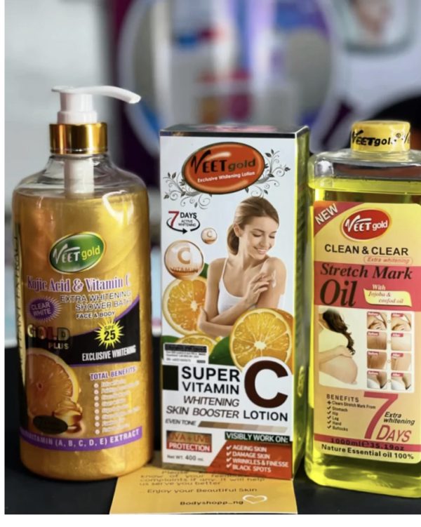 Veetgold Stretch Marks Oil, Booster Vitamin C Whitening Lotion And Kojic Acid Whitening Shower Gel