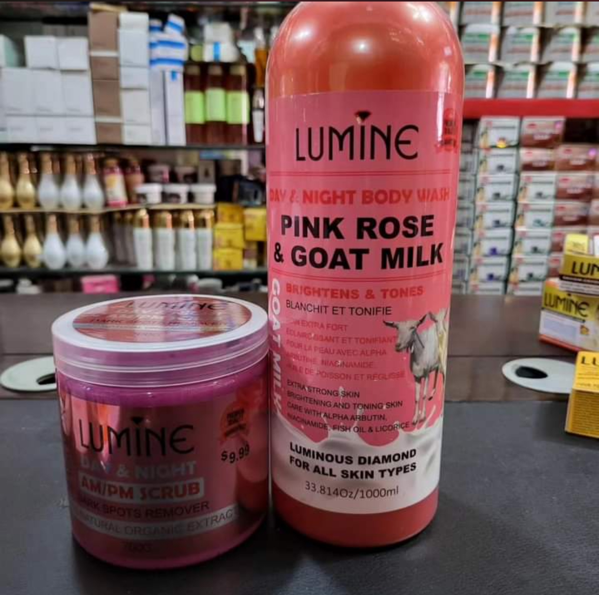 Lumine Pink Rose & Goat Milk Lightening , Glow & Toning Set Scrub + Body Wash